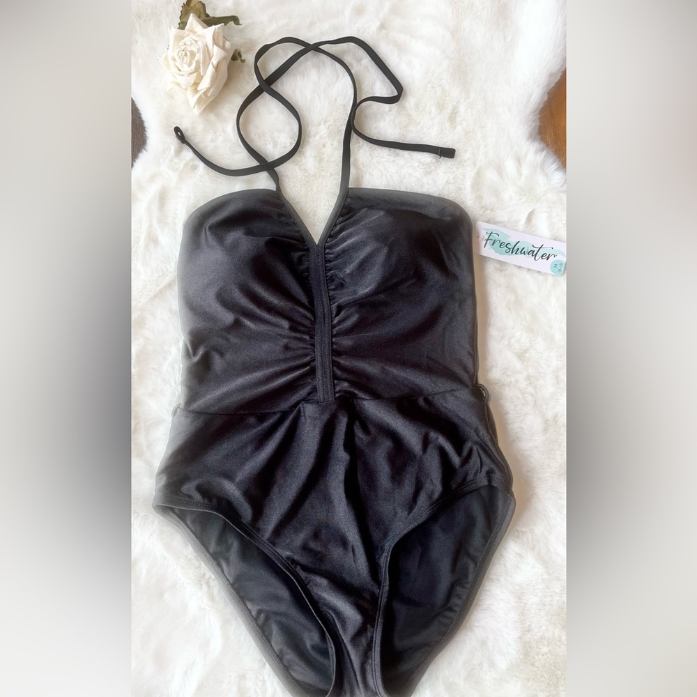 New with tags SHINE ON BANDEAU 1 PC Front SHIRRING BATHING SUIT -BLACK SZ M 8-10